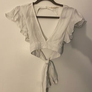 White opened back tie around shirt